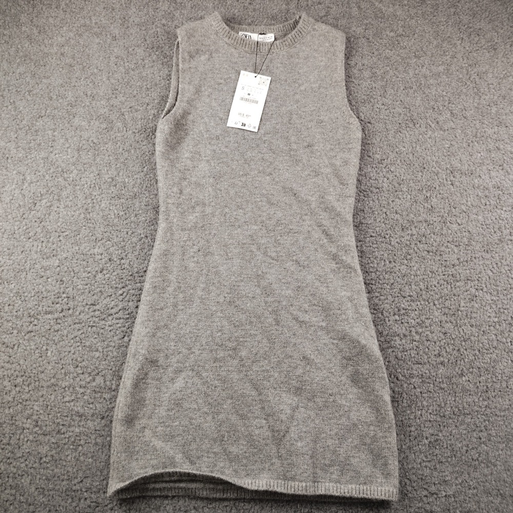 Zara Dress Grey Wool Blend Sz Small Grey Sleeveless Knit Mini Stretch NWT